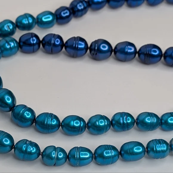 Honora Pearl Necklace Teal Navy Blue Aqua Ombre Freshwater Pearls Sterling 925 - Picture 4 of 8